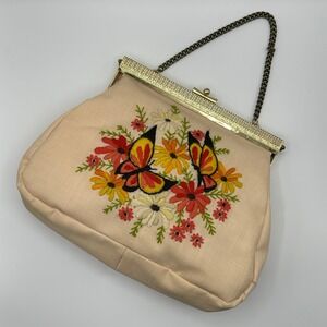 Vintage‎ Style Cream Embroidered Butterfly Gold Kiss Lock Handbag Formal NWOT